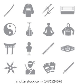 Martial Arts Icons. Gray Flat Design. Vector Illustration.
