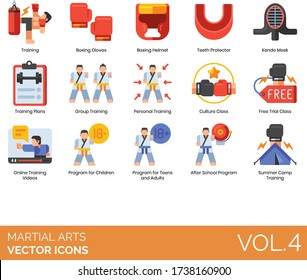 Martial Arts Icons Including Boxing Glove, Helmet, Teeth Protector, Kendo Mask, Training Plan, Group, Personal, Culture Class, Free Trial, Online Video, Program For Children, After School, Summer Camp