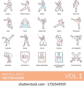 Iconos de artes marciales como shaolin kung fu, karate, aikido, muay thai, judo, sumo, taekwondo, wushu, kickboxing, capoeira, boxing, kendo, ninjutsu, krav maga, lucha libre, defensa propia, espada.