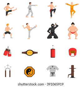 Martial arts icons set with boxing and judo symbols flat isolated vector illustration 