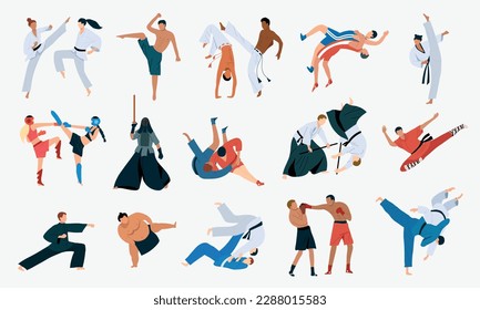 Martial arts icons set with fighting symbols flat vector isolated illustration