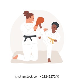 Dibujo vectorial de artes marciales aislado Estudiante practicando patada de karate con profesor, usando kimono, programa de artes marciales para niños, caricatura vectorial de clase electiva de la escuela primaria.