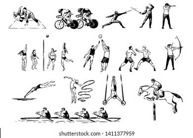 Martial arts, judo, boxing sparring, cycling, fencing duel, volleyball, basketball game, archery, healthy lifestyle set. Sport activities, active hobbies concept sketch. Hand drawn vector illustration