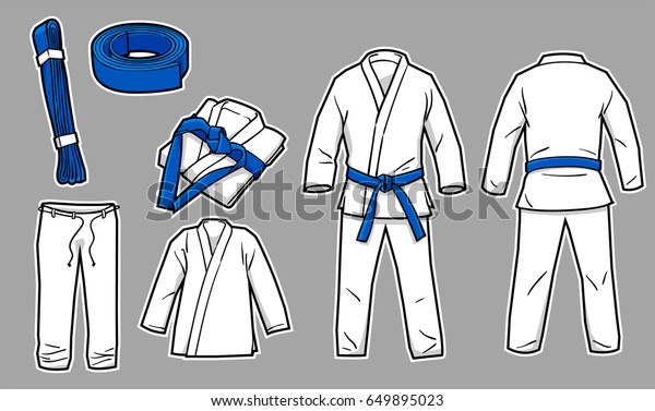 Martial arts ( judo, Brazilian jujitsu,\
karate ) kimono gi complete with separate pants, shirt, belt,\
folded version, and full front and back\
version.