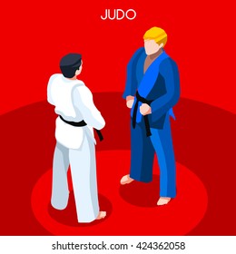 Martial Arts Judo Karate Fight Athletes Sportsman Games. 3D Isometric Athlete. Sporting Championship People Competition. Sport Infographic Martial Arts Judo Karate Fight events set Vector Image