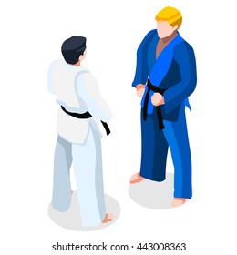 Martial Arts Judo Karate Fight Athletes Sportsman Games. 3D Isometric Athlete. Sporting Championship People Competition. Sport Infographic Martial Arts Judo Karate Fight events Vector Image