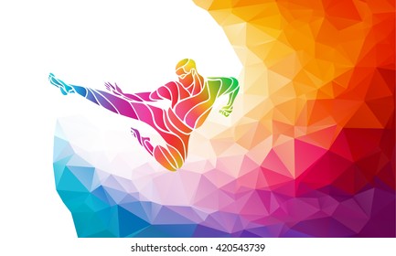 Martial arts jump kick color rainbow silhouette. Karate fighter