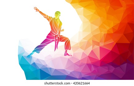 Martial arts jump kick color rainbow silhouette. Karate fighter