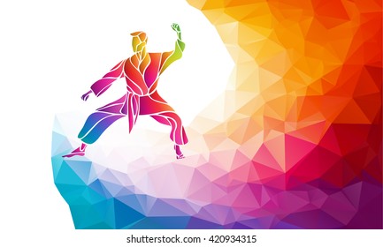 Martial arts jump kick color rainbow silhouette. Karate fighter