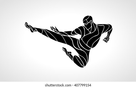 Martial arts jump kick silhouette. Karate fighter