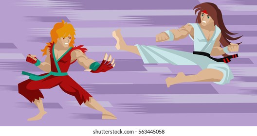 martial arts karate fighter jumping and kicking battle with foe