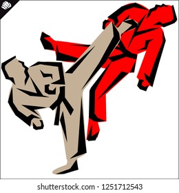 Martial arts. Karate fighters silhouette high kick.