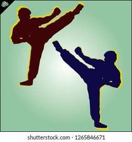 Martial arts. Karate fighters silhouette high kick. Design judo, taekwondo, hapkido, kickboxing.