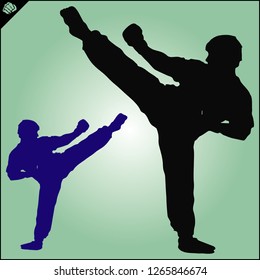 Martial arts. Karate fighters silhouette high kick. Design judo, taekwondo, hapkido, kickboxing.