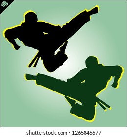 Martial arts. Karate fighters silhouette high kick. Design judo, taekwondo, hapkido, kickboxing.