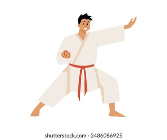 Artes marciales. Karate. El hombre está en una posición especial, listo para luchar. Quimono blanco, cinturón rojo. Entrenador demuestra movimientos de combate. Entrenamiento. Ilustración vectorial aislada sobre fondo blanco.