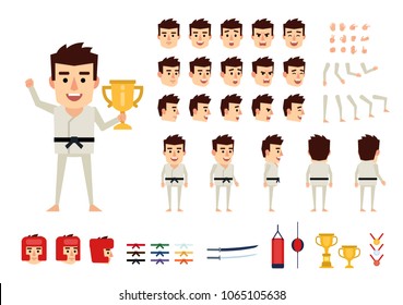 Martial arts, karate master creation kit. Create your own pose, action, animation. Various emotions, gestures, design elements. Flat design vector illustration