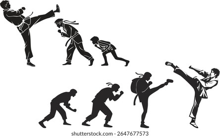 As artes marciais chutam silhuetas juntam figuras negras em várias posas sobre fundo branco.