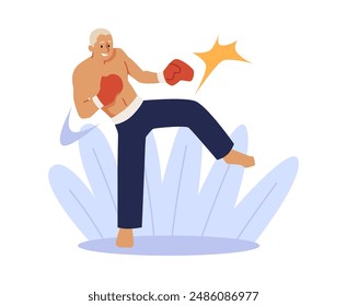 Artes marciales. Kickboxing. Un hombre en una pose de lucha lanza un puñetazo. En las manos hay guantes de boxeo rojos. Atleta. Entrenamiento activo. Ilustración vectorial aislada sobre fondo blanco.