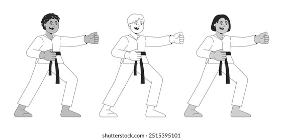 Crianças de artes marciais em posição de luta conjunto de personagens de linha 2D preto e branco. Taekwondo socando meninos e meninas multiculturais isolados vetor delineiam as pessoas. Coleção de ilustrações pontuais monocromáticas