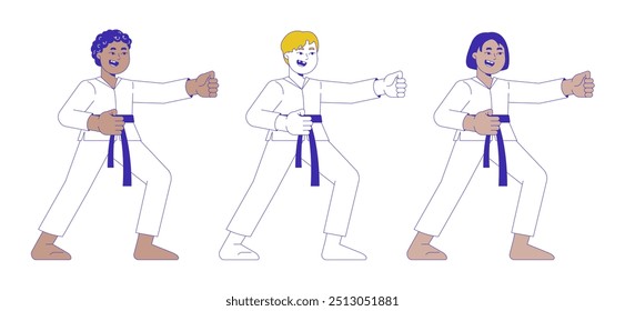 Martial Arts Kinder stehen im Kampf Haltung 2D Cartoon Figuren Set. Taekwondo schlug Jungen und Mädchen multikulturelle isolierte Menschen flachen Vektor auf weißem Hintergrund. Sammlung von Spot-Illustrationen