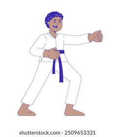 Martial Arts Kimono schwarzen Jungen Ausbildung 2D Cartoon Charakter. Kampfsport. Afroamerikaner männlich taekwondo kung fu Kind einzelne Person flache Vektor auf weißem Hintergrund. Spot Illustration bunt