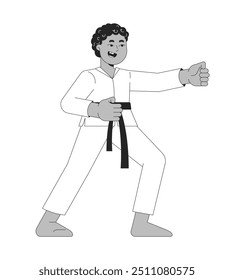 Kampfsport Kimono schwarzen Jungen Training schwarz-weißen 2D-Linie Charakter. Kampfsport. Afroamerikaner männlich taekwondo kung fu Kind isoliert Vektor Umriss Person. monochromatische Punktdarstellung