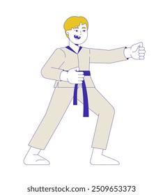 Martial Arts Kimono Junge im Kampf Haltung 2D Cartoon Charakter. Kaukasische männliche Jujitsu Judo Kind Stanzen mit der Hand einzelne Person flachen Vektor auf weißem Hintergrund. Spot Illustration bunt