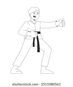 Martial Arts Kimono Junge im Kampf Haltung schwarz-weiß 2D-Linie Charakter. Kaukasische männliche Jujitsu Judo Kind Boxen mit der Hand isoliert Vektor Umriss Person. monochromatische Punktdarstellung