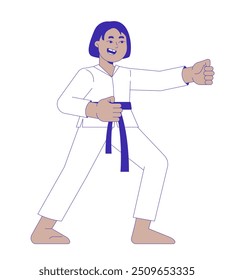 Martial Arts Kimono Mädchen im Kampf Haltung 2D Cartoon Charakter. Afrikanisch-amerikanisches weibliches Karate-Kind, das mit der Hand eine einzelne Person schlägt, flacher Vektor auf weißem Hintergrund. Spot Illustration bunt