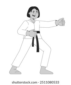 Martial Arts Kimono Mädchen in Kampfhaltung schwarz-weiß 2D-Linie Charakter. Afrikanisch-amerikanisches weibliches Karate-Kind, das mit der Hand eine einzelne Vektorumrissperson schlägt. monochromatische Punktdarstellung