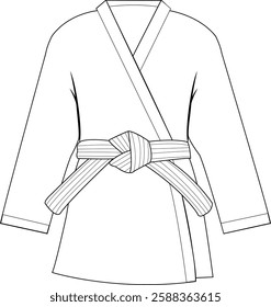 Martial arts kimono jacket. Karate, taekwondo, judo, jujitsu, kickboxing, or kung fu suit. Vector black and white coloring page.