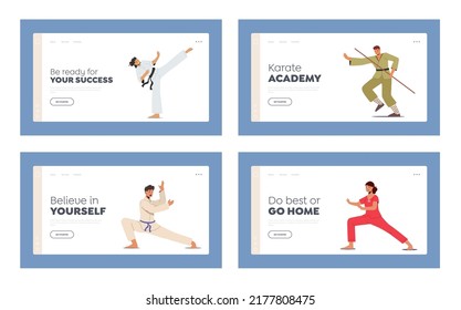 Martial Arts Landing Page Template Set. Male and Female Characters in Uniform Presenting Different Fighting. Karate, Bojutsu, Combat, Sport Competition. Cartoon People Vector Illustration