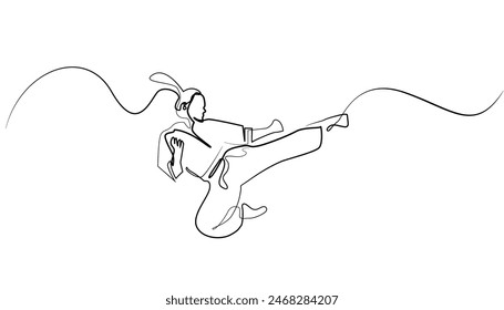 martial arts line art.abstract single line.doing kicks and jumping.isolated white background