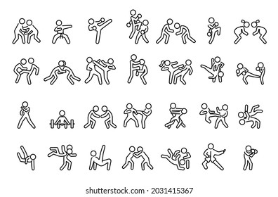 Martial arts linear icons set