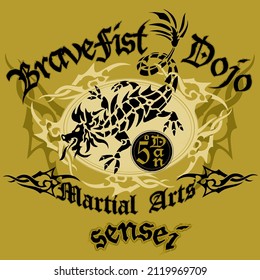 Martial arts lizard mascot with graphic background and texts. Martial arts mascot illustration concept.