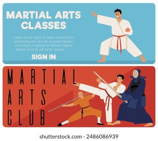 Maestría en artes marciales. Conjunto de Ilustraciones vectoriales de dos Anuncios que representan a artistas marciales mostrando técnicas de lucha. Ideal para la publicidad de clubes deportivos. Diseño plano con espacio para texto.