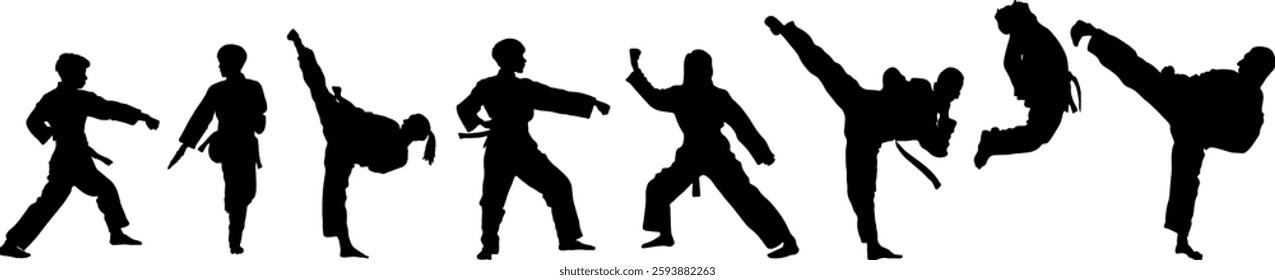 Martial arts. People involved in wrestling, karate, taekwondo, wushu, judo, sambo. Silhouettes of people during wrestling