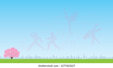 Martial arts players made of cherry petals and view of the city(Created with vector data)