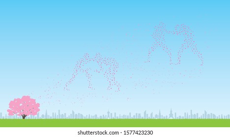 Martial arts players made of cherry petals and view of the city(Created with vector data)