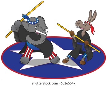 Martial arts political mascots. Democrat donkey and Republican elephant preparing to do battle.