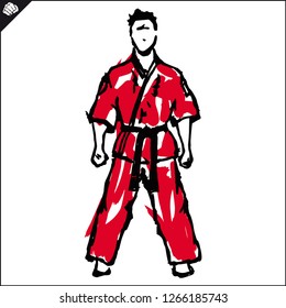 Martial arts in red kimono, dogi judo, taekwondo, hapkido, karate.