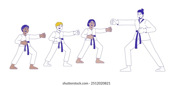 Kampfkunst Sensei Ausbildung Schüler 2D Cartoon Figuren. Stanzende Haltung. Karatelehrerin, die Kindern Diversität beibringt, isolierte Menschen mit flachem Vektor auf weißem Hintergrund. Spot Illustration bunt