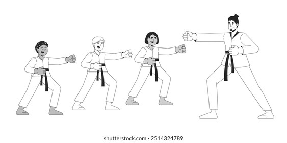 Kampfkunst Sensei Ausbildung Schüler schwarz-weiß 2D-Linie Zeichen. Stanzende Haltung. Karate Lehrer Unterricht Kinder Vielfalt einzelne Vektorgrafik Menschen. monochromatische Punktdarstellung