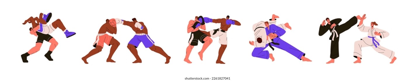 Kampfkunst-Set. Athleten ringen, kämpfen. Boxen, Judo, Karate, Muay Thai, Greco-römische Kämpfer, Wrestler in der Schlacht, Grappel, Wettbewerb. Flache Vektorgrafiken einzeln auf weißem Hintergrund