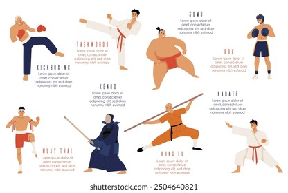 Martial arts set. Collection of man athletes with text. Kickboxing, Taekwondo, Kendo, Karate, Kung fu. Various fighting techniques. Training. Vector illustration isolated on white background.