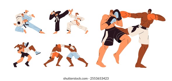 Martial arts set. Fighters wrestling, hit, kick at battle. Sportsmen do boxing, kickboxing, karate, judo. Wrestlers, boxers are at fight competition. Flat isolated vector illustrations on white