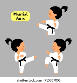 Martial arts. Set of karate poses in cartoon style isolated on grey background. Girl practices kicks. Kid in white kimono. 