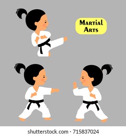 Martial arts. Set of karate poses in cartoon style isolated on grey background. Girl practices kicks. Kid in white kimono. 