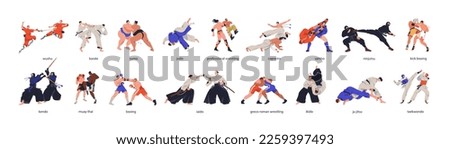 Martial arts set. Taekwondo, judo, wushu, capoeira, sumo fighters in fighting poses, action. Wrestling, boxing, muay thai, sambo sports. Flat graphic vector illustrations isolated on white background